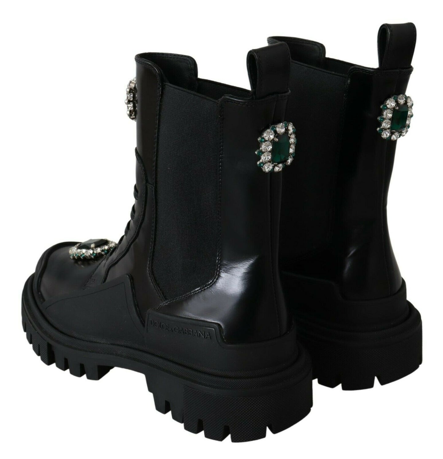 Dolce &amp; Gabbana Elegant black leather combat boots with crystal detail