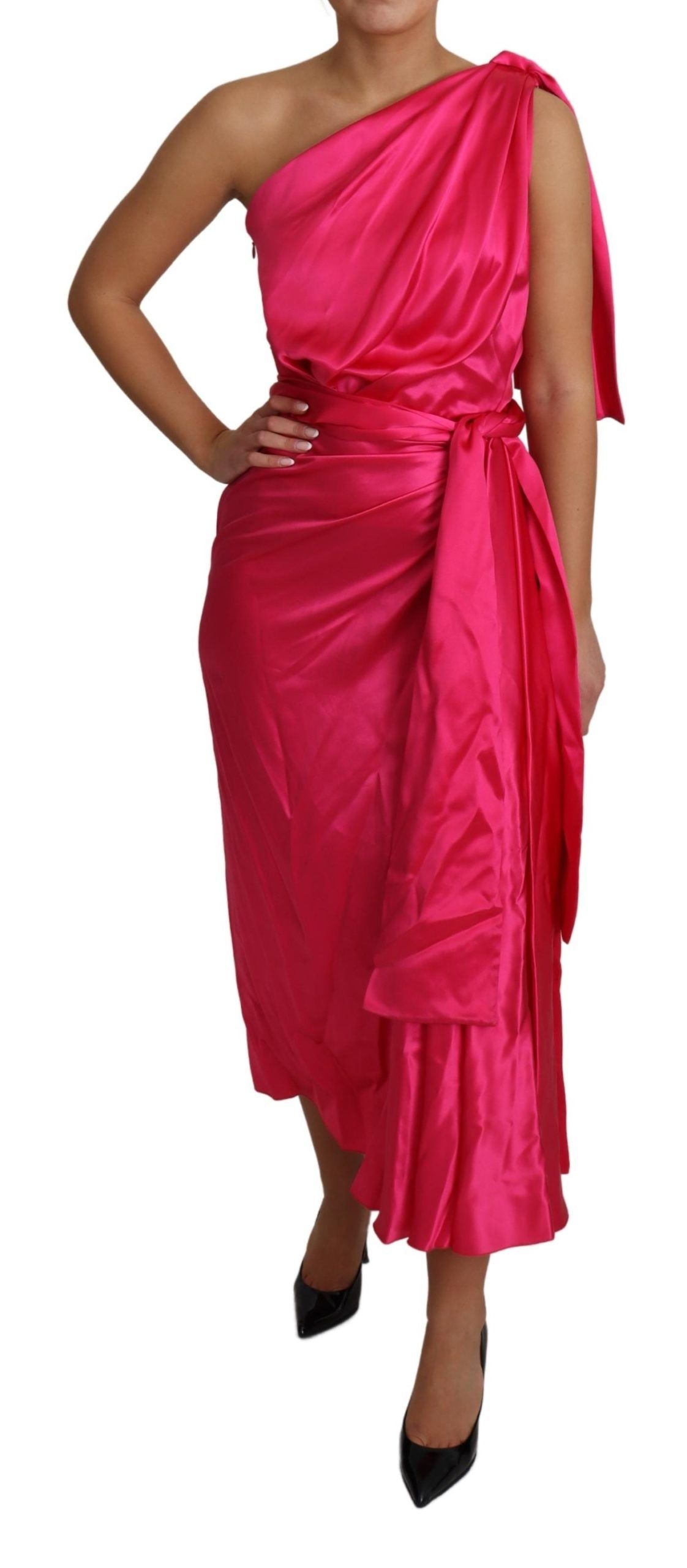 Dolce &amp; Gabbana Elegant fuchsia silk wrap dress with one shoulder