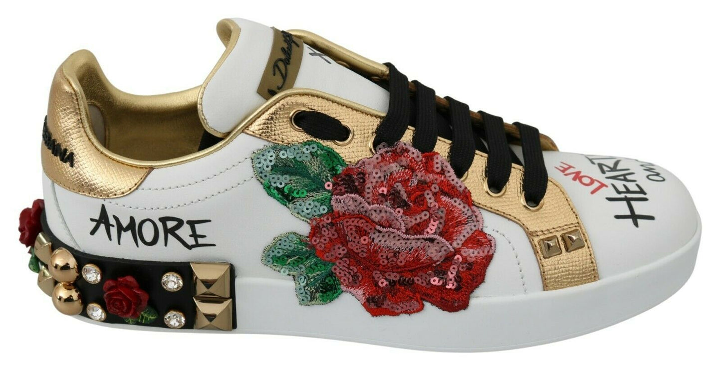 Dolce &amp; Gabbana Elegant leather sneakers with sequins and floral pattern