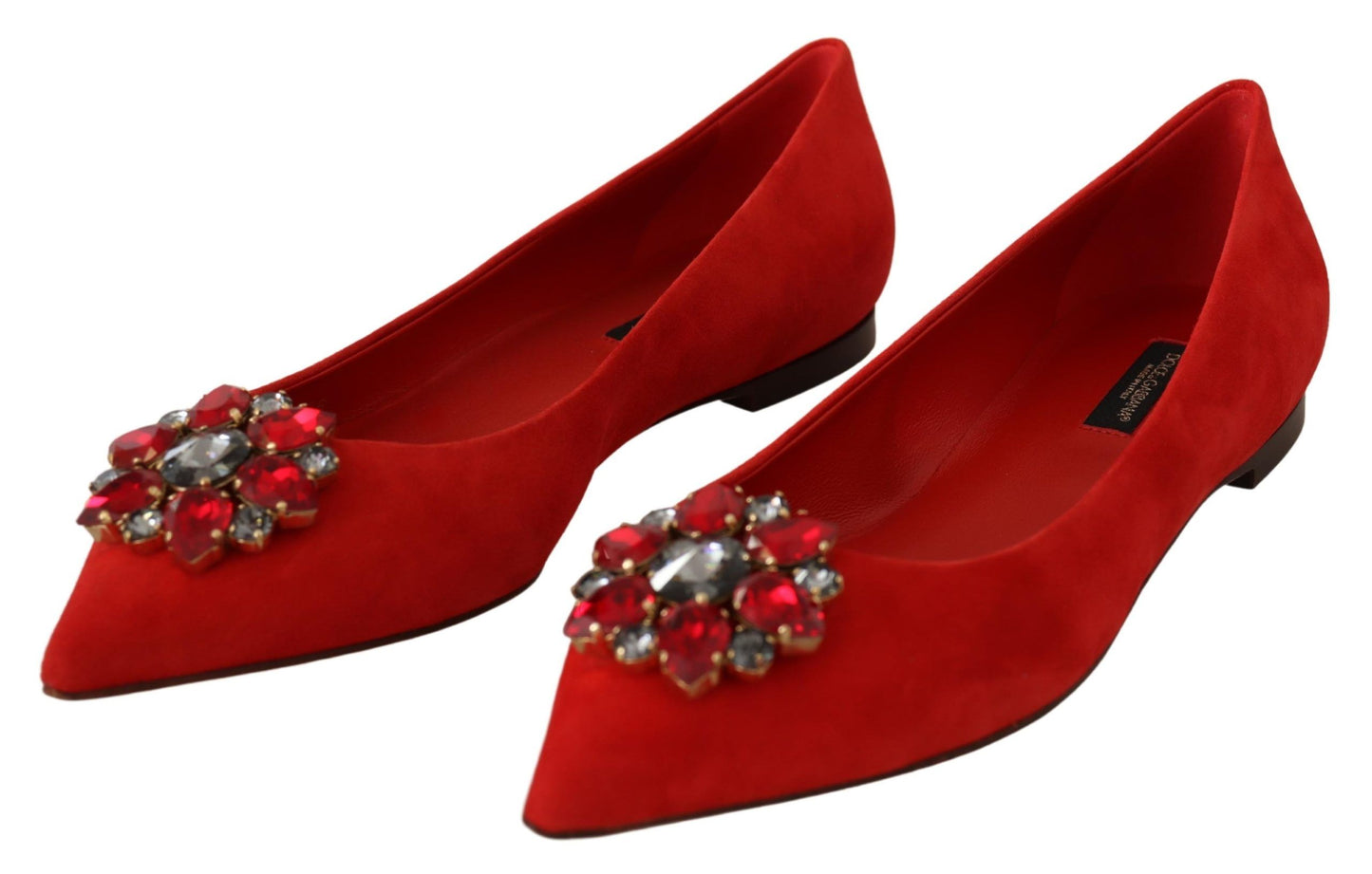 Dolce &amp; Gabbana Red Suede Flats with Crystal Embellishment