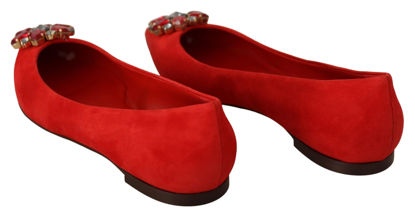 Dolce &amp; Gabbana Red Suede Flats with Crystal Embellishment