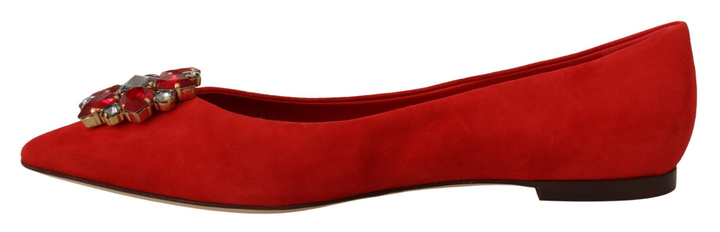 Dolce &amp; Gabbana Red Suede Flats with Crystal Embellishment