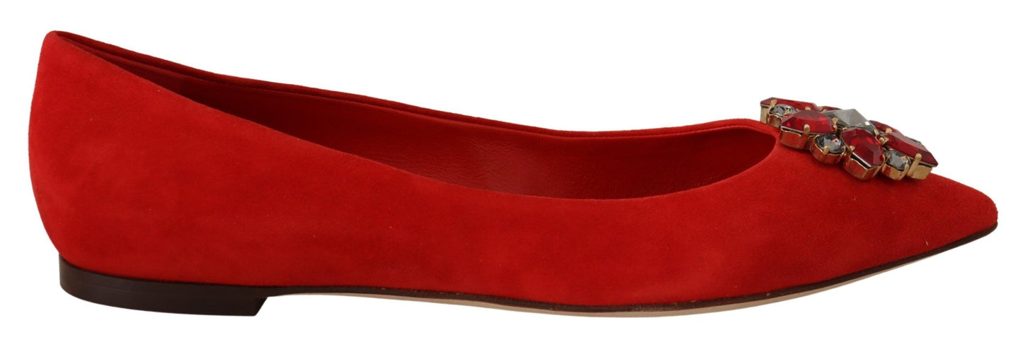 Dolce &amp; Gabbana Red Suede Flats with Crystal Embellishment