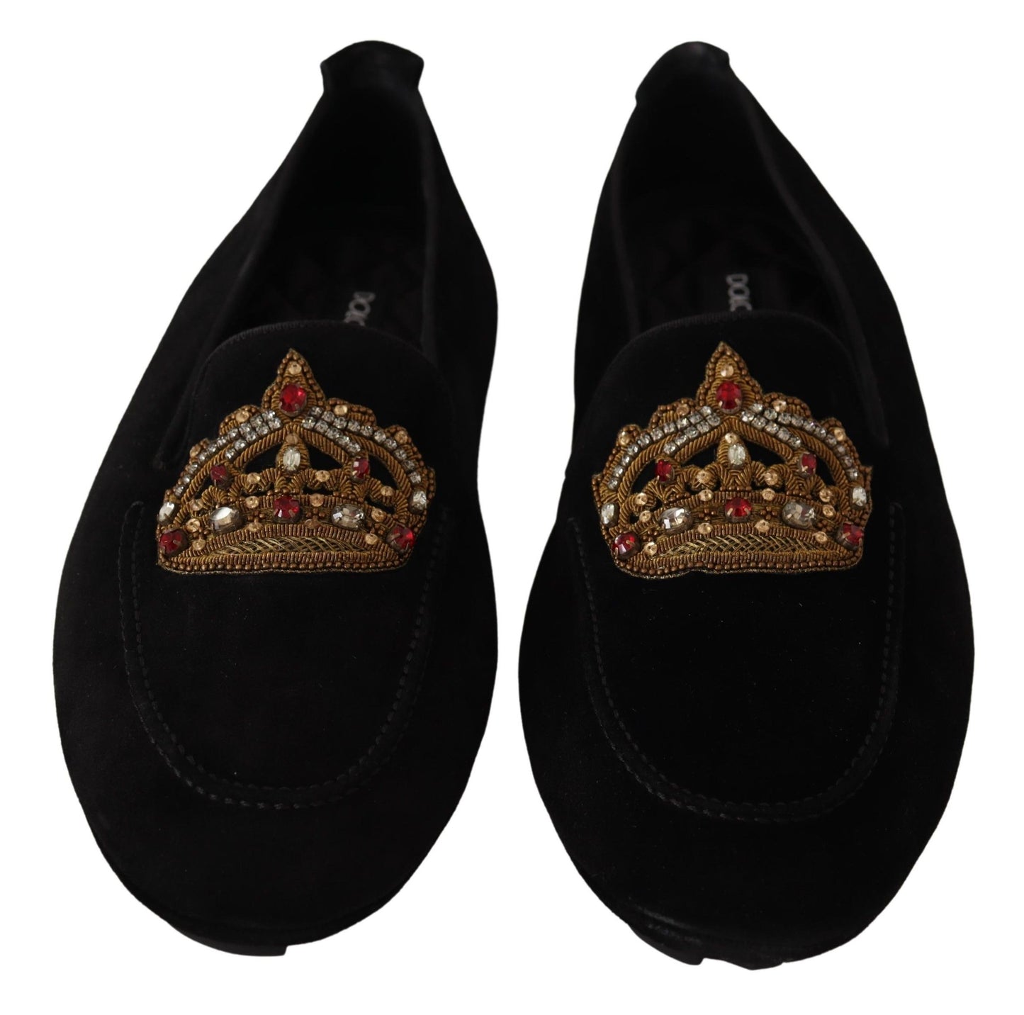 Dolce &amp; Gabbana Elegant black leather slippers with gold embroidery