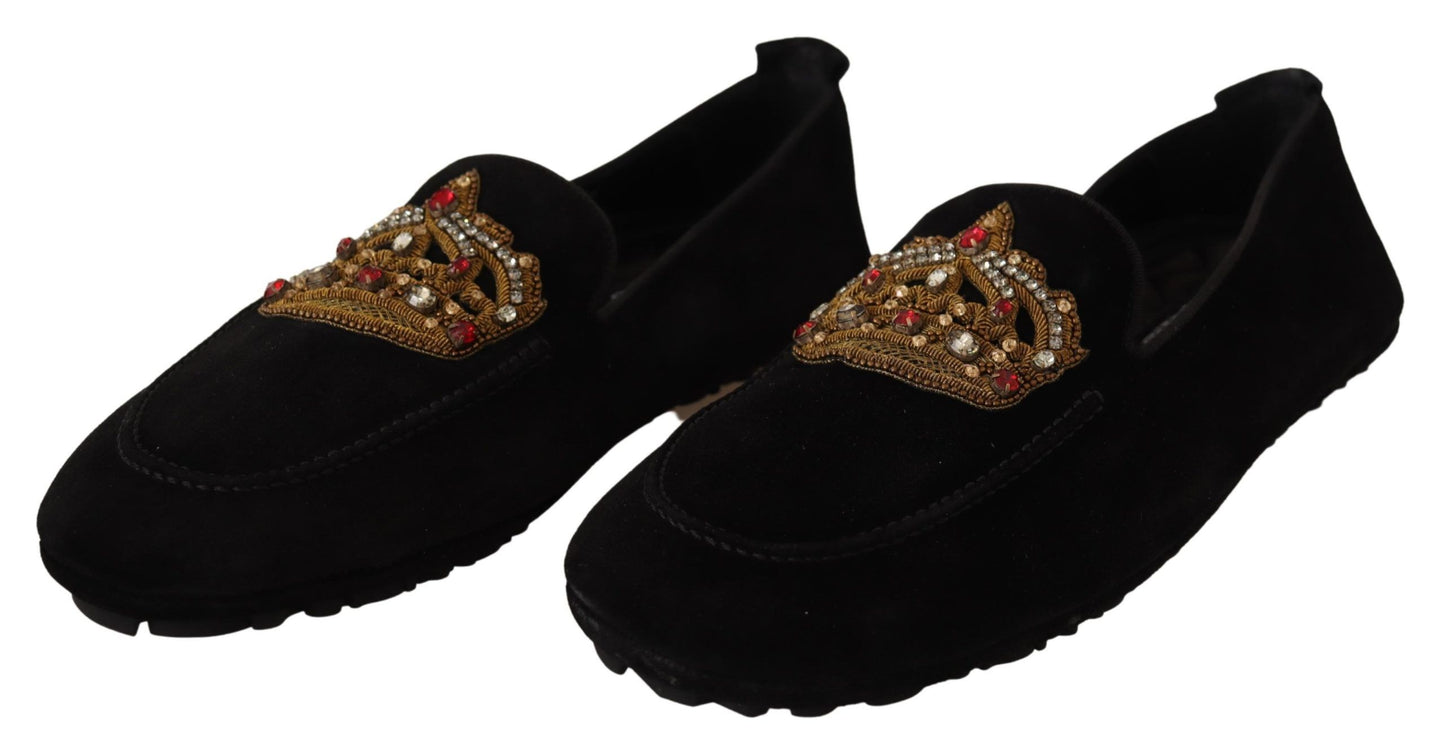 Dolce &amp; Gabbana Elegant black leather slippers with gold embroidery