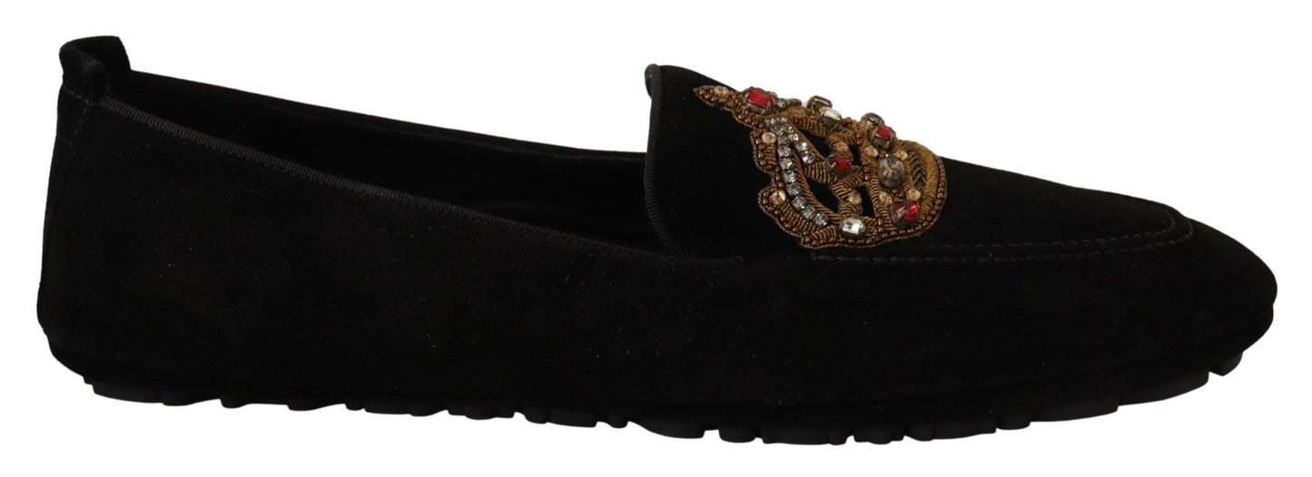 Dolce &amp; Gabbana Elegant black leather slippers with gold embroidery