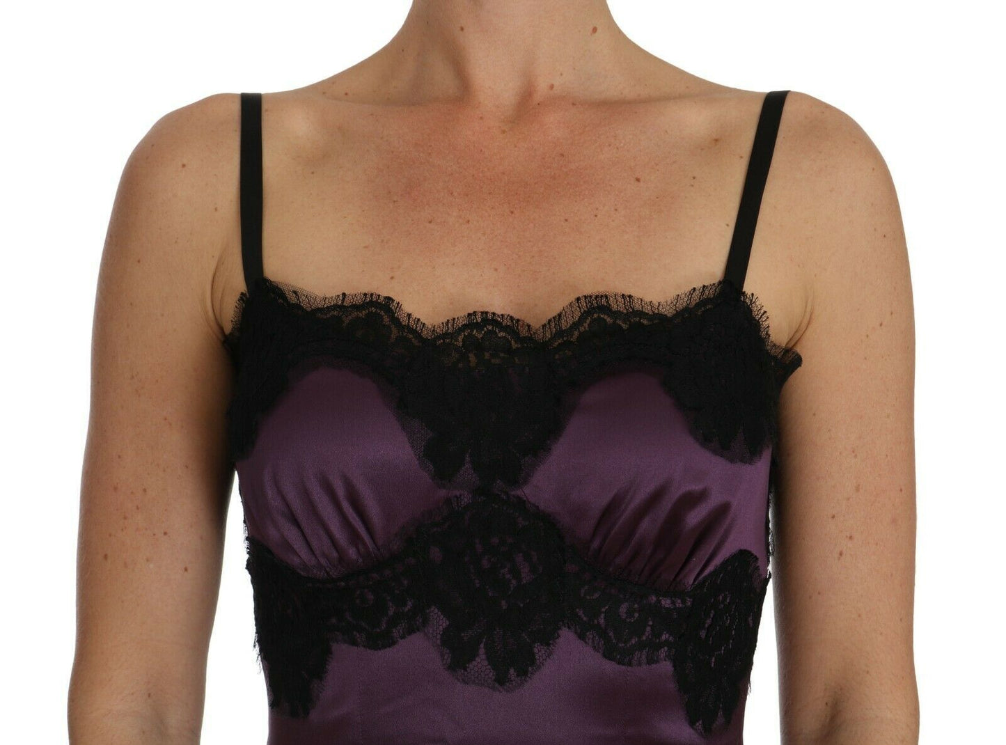 Dolce & Gabbana Elegantes lila Seiden-Spitzen-Chemise-Kleid