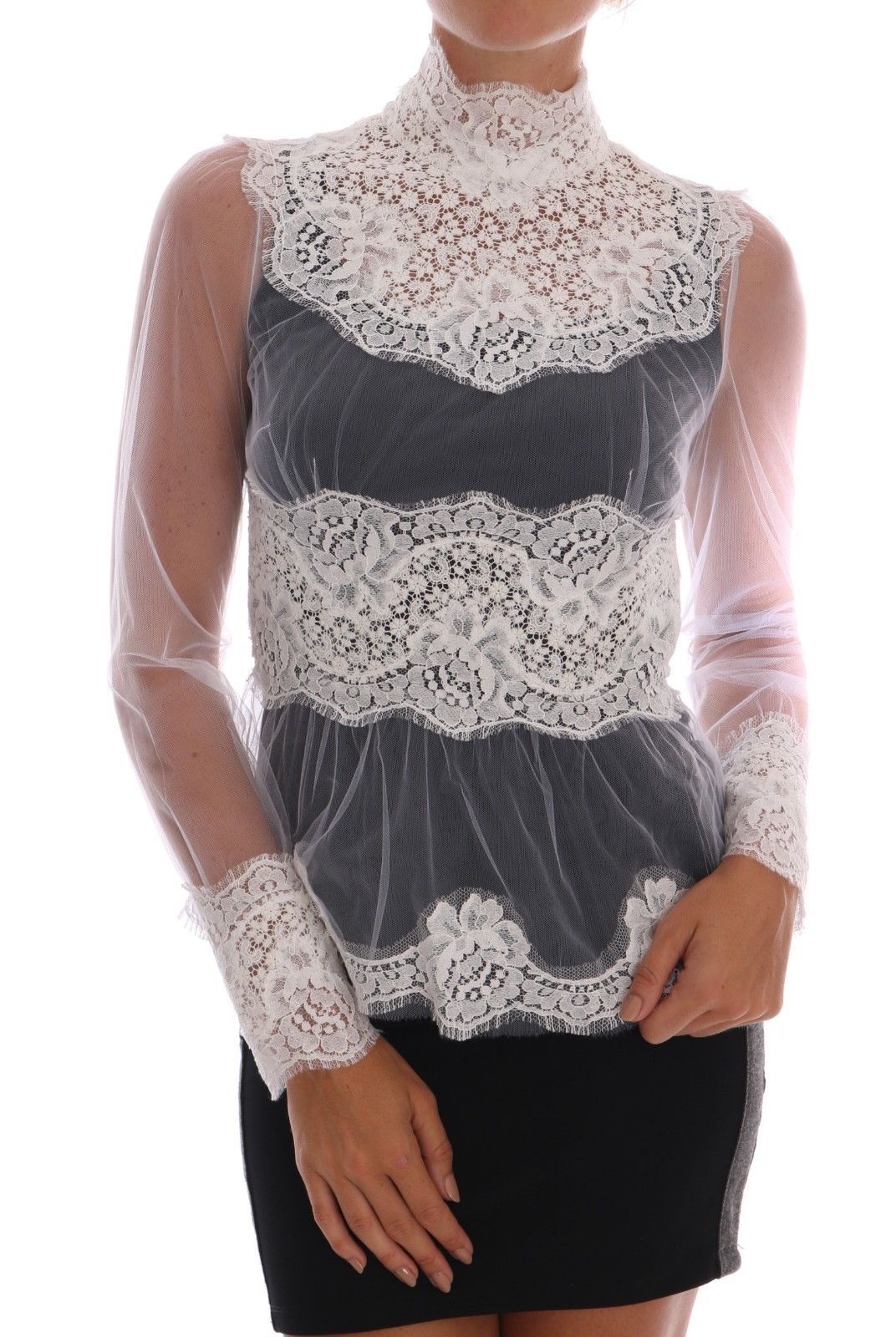 Dolce &amp; Gabbana Elegant white lace blouse top with floral pattern