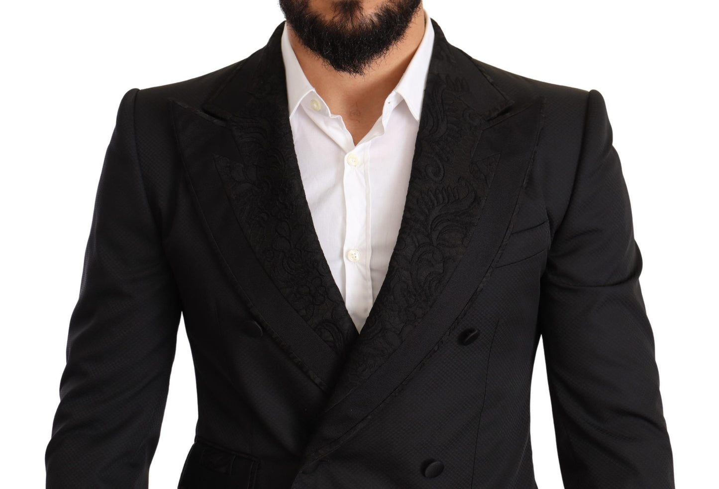 Dolce &amp; Gabbana Elegant black brocade suit with floral pattern