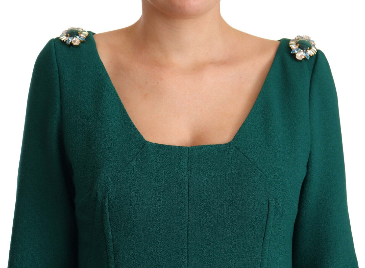 Dolce &amp; Gabbana Emerald Green Midi Sheath Dress with Crystal Brooch