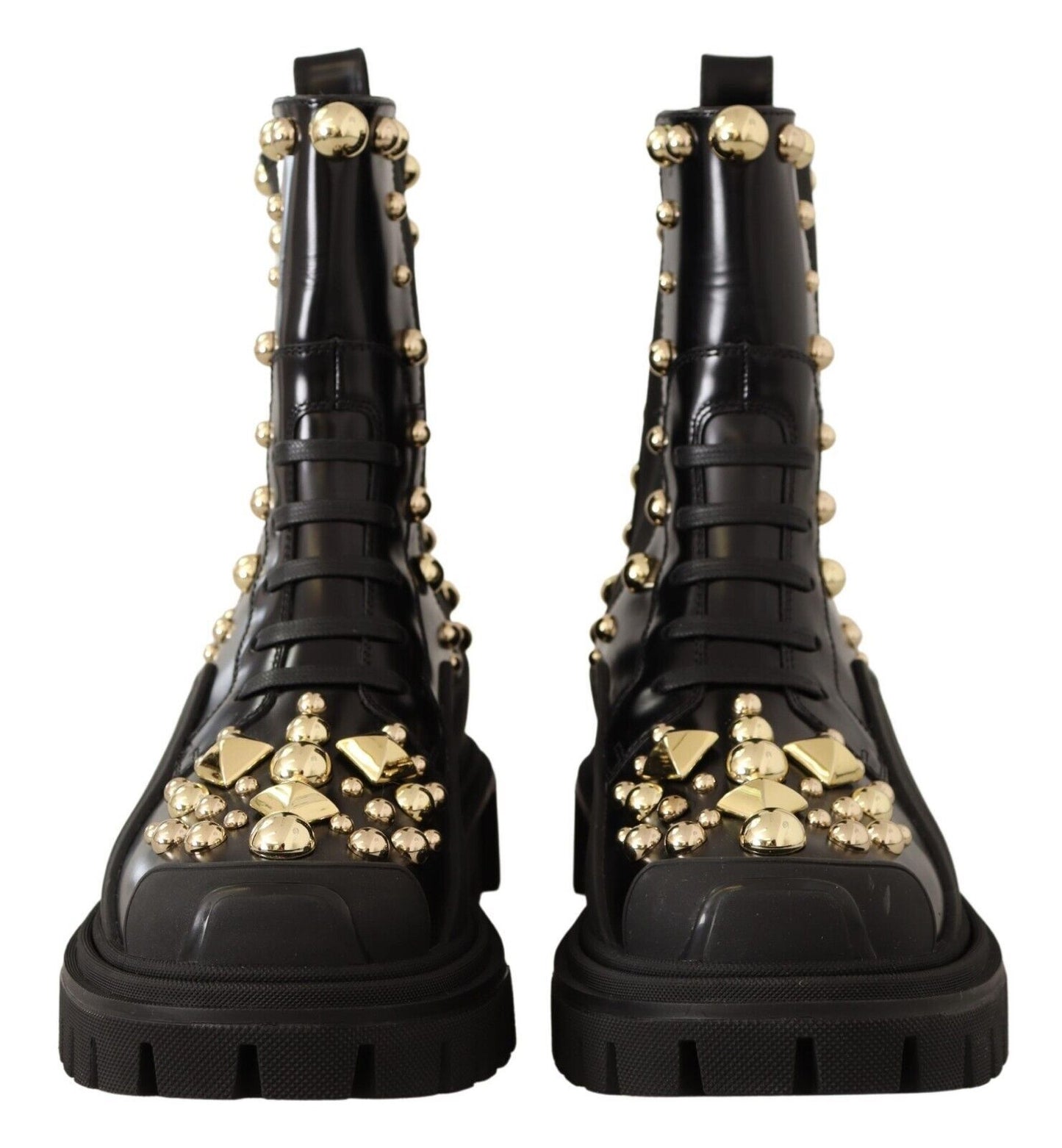 Dolce &amp; Gabbana Studded Leather Combat Boots with Embroidery