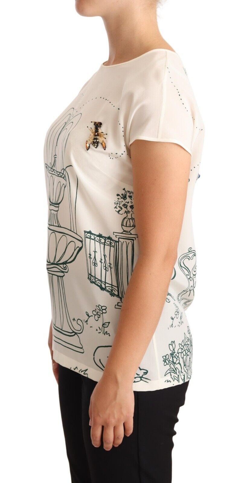 Dolce &amp; Gabbana Elegant Silk Tee with Botanical Garden Fountain