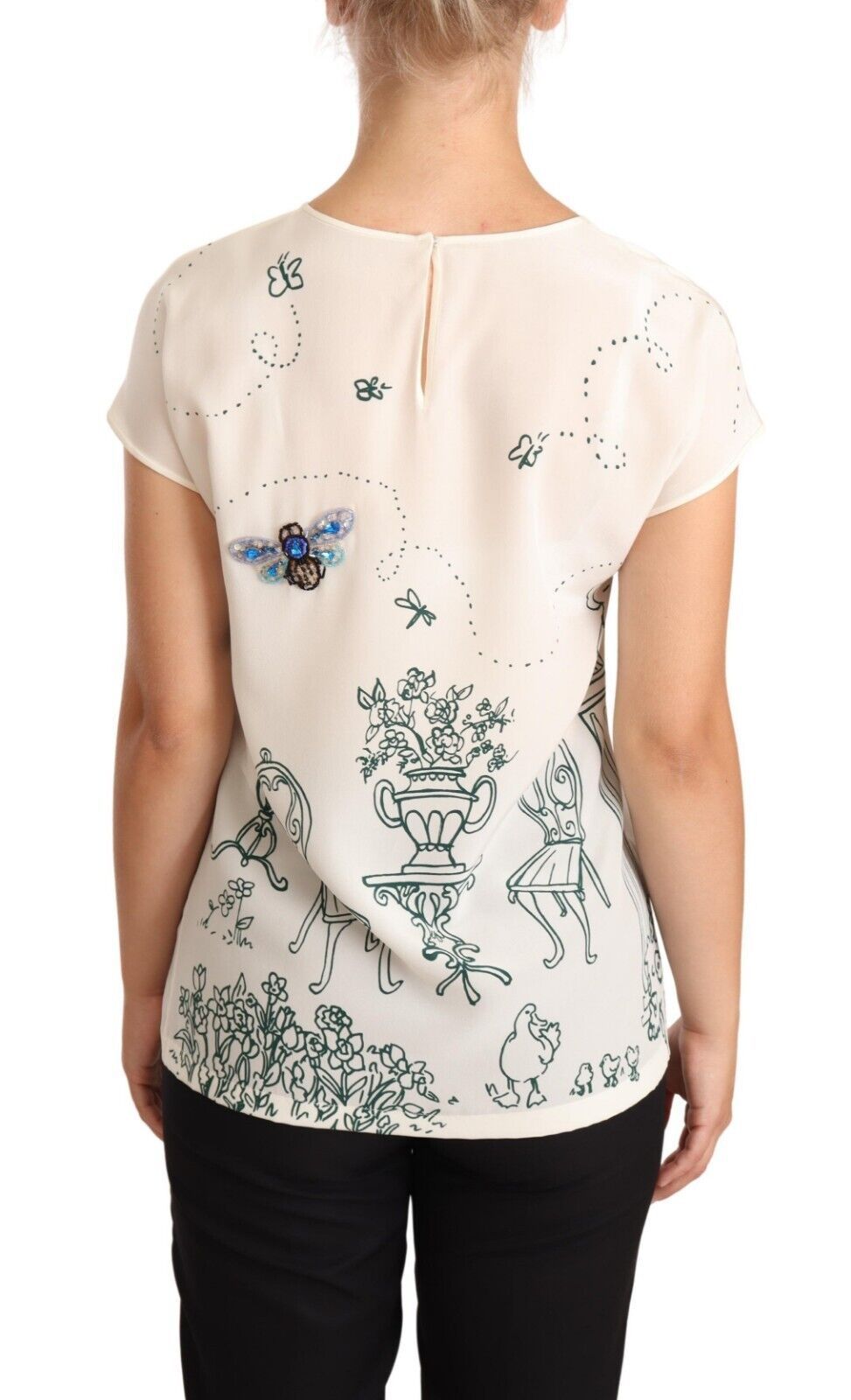 Dolce &amp; Gabbana Elegant Silk Tee with Botanical Garden Fountain