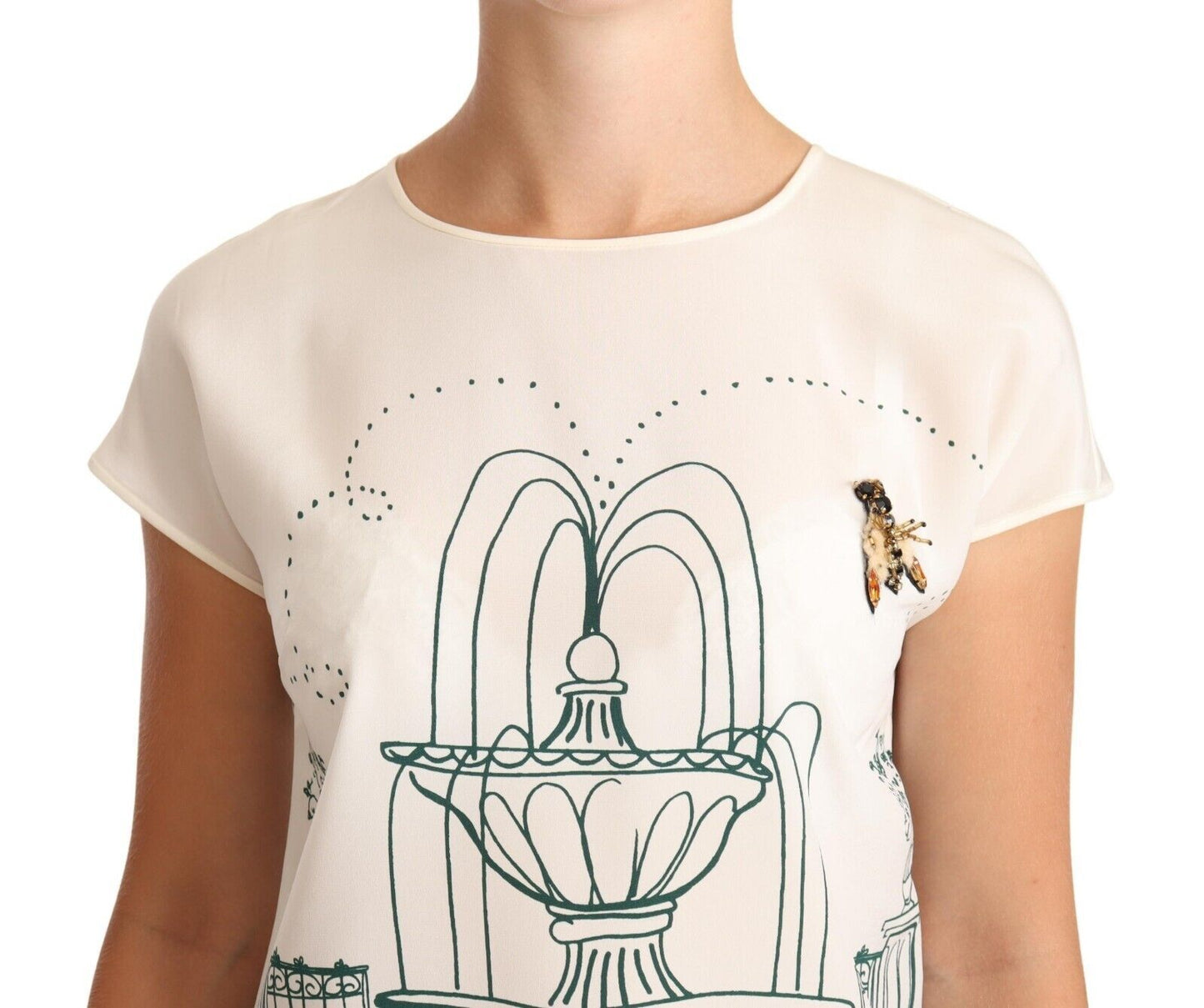 Dolce &amp; Gabbana Elegant Silk Tee with Botanical Garden Fountain