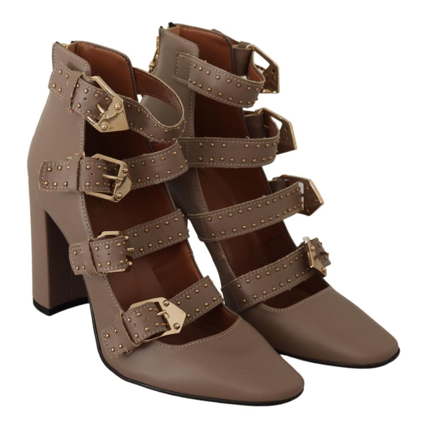 MY TWIN Elegant multi-buckle heels made of leather in brown