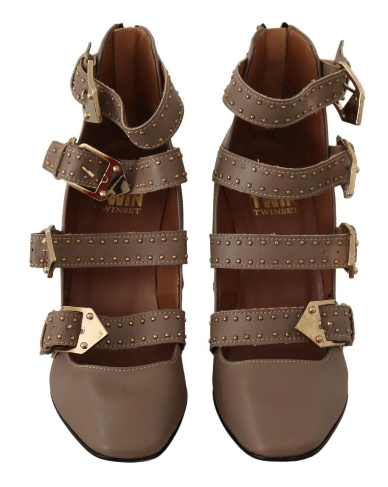 MY TWIN Elegant multi-buckle heels made of leather in brown