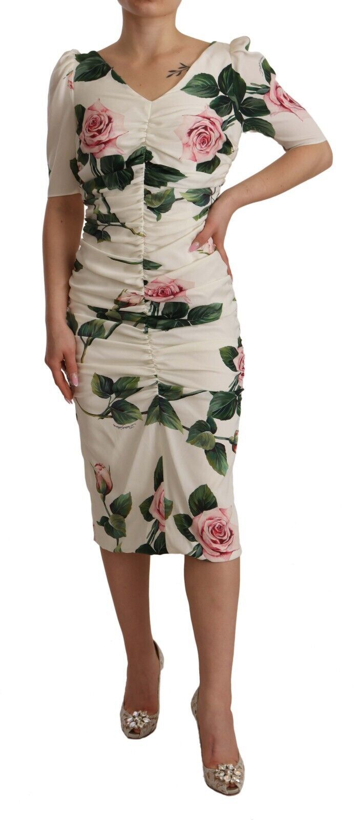 Dolce & Gabbana Elegantes weißes Etuikleid mit Blumenmuster