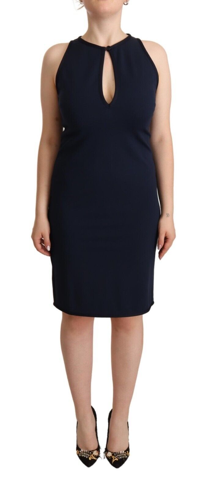 John Galliano knee-length sleeveless sheath dress in navy