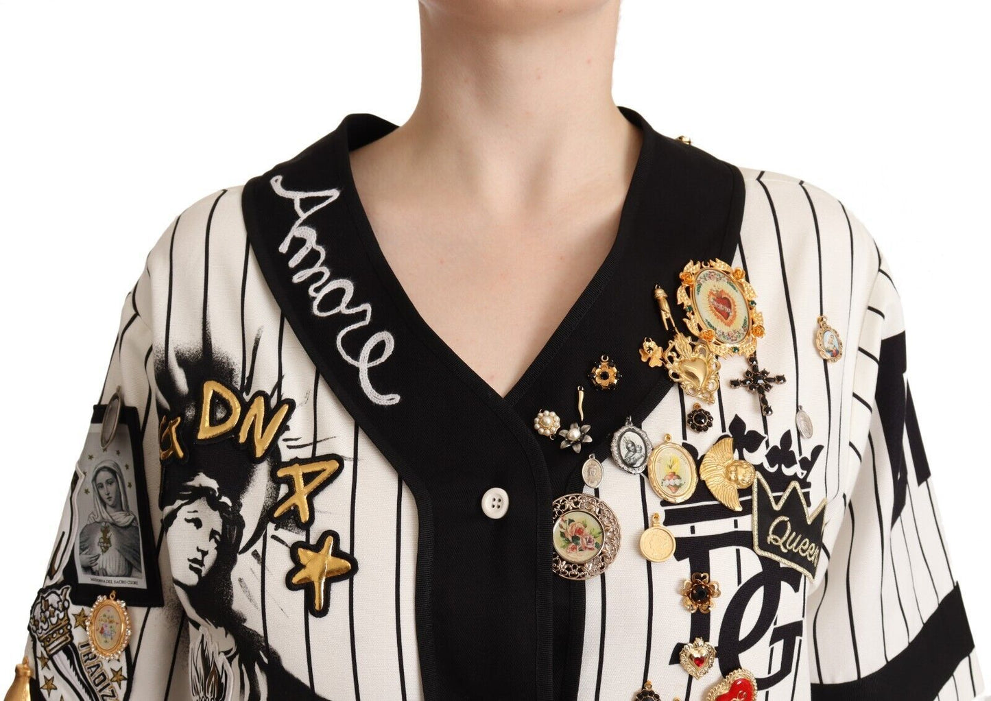 Dolce &amp; Gabbana Elegant striped blouse with V-neck and pendants