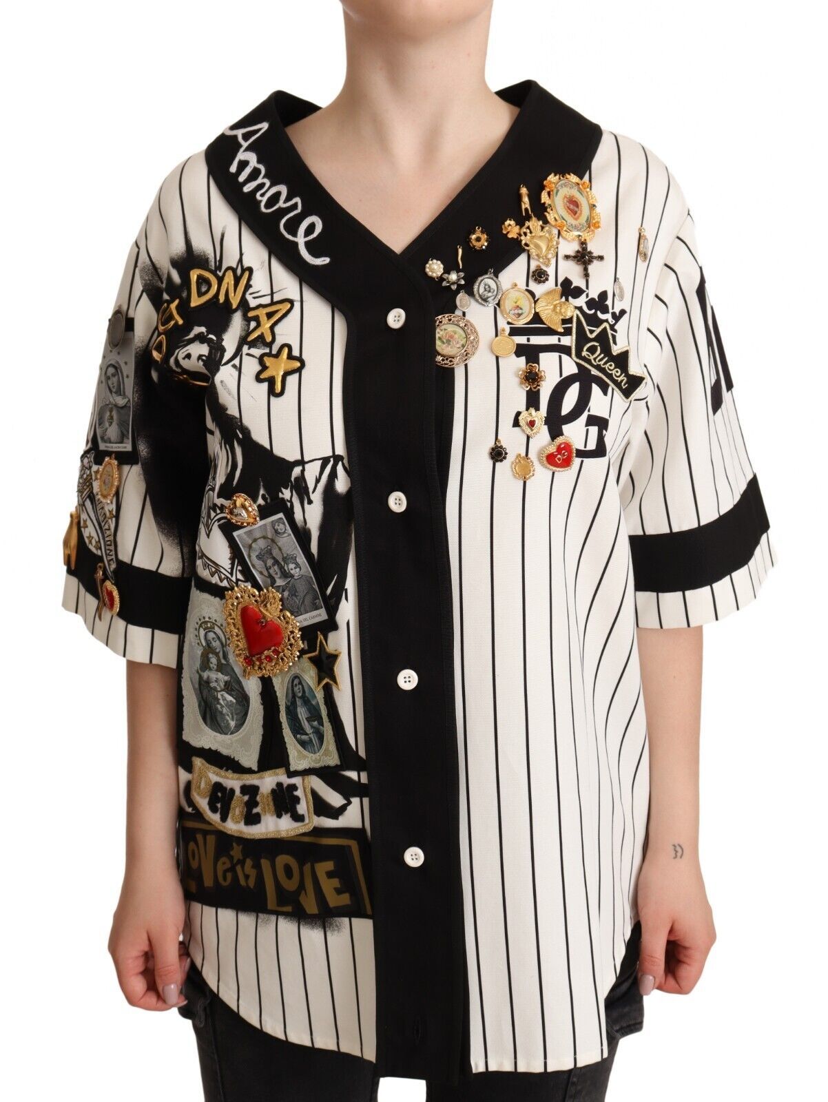 Dolce &amp; Gabbana Elegant striped blouse with V-neck and pendants