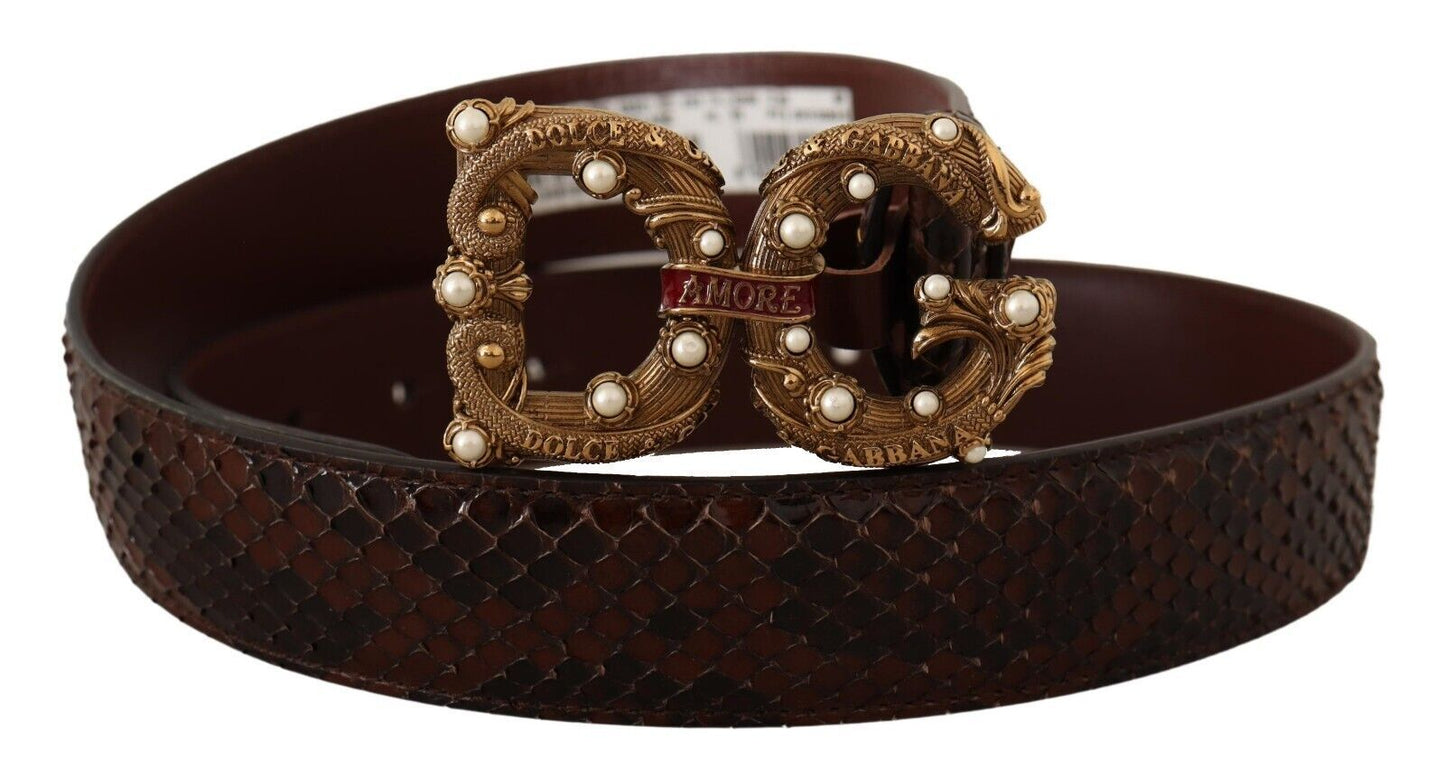 Dolce &amp; Gabbana Elegant Phyton Leather Belt with Pearl Buckle