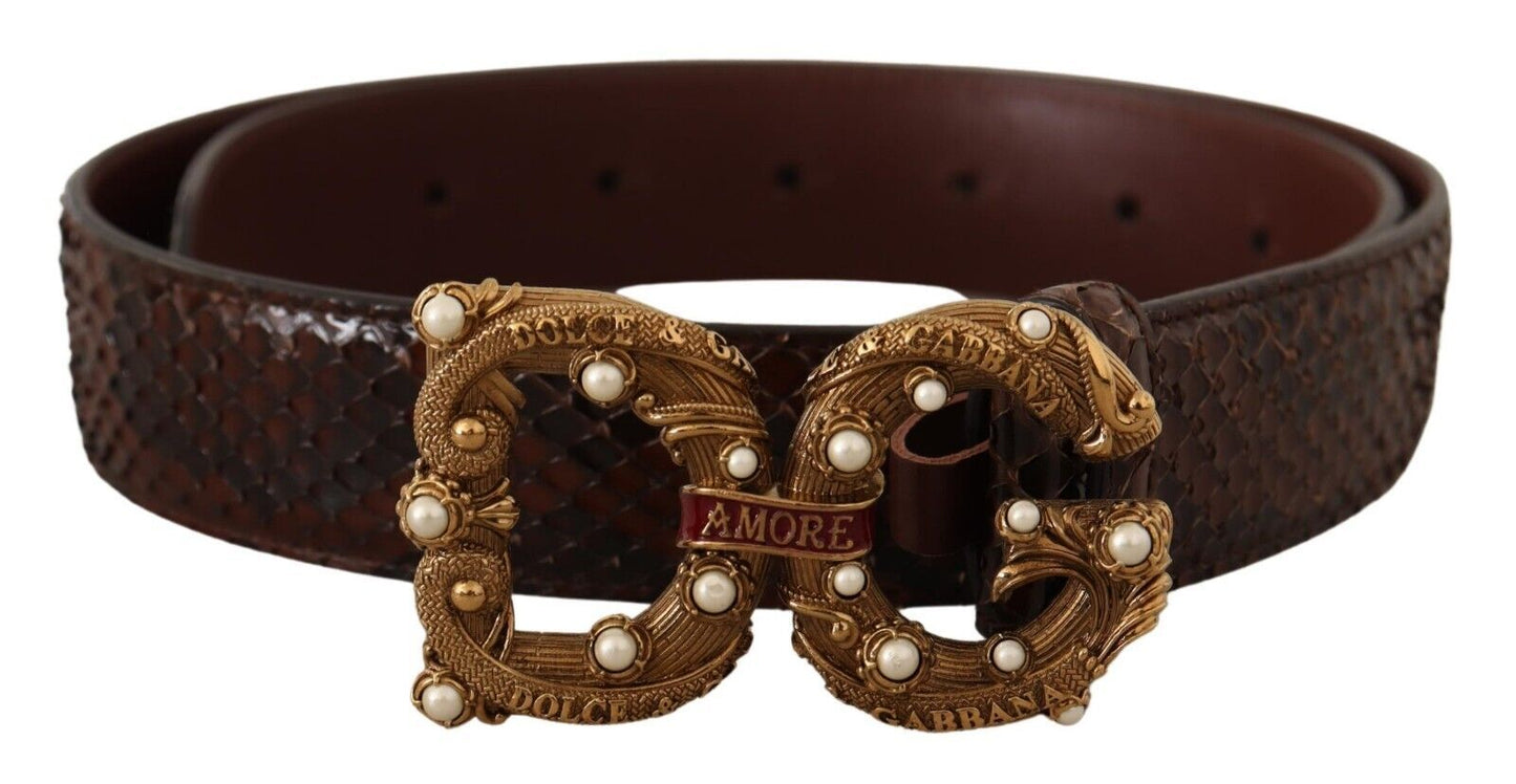 Dolce &amp; Gabbana Elegant Phyton Leather Belt with Pearl Buckle