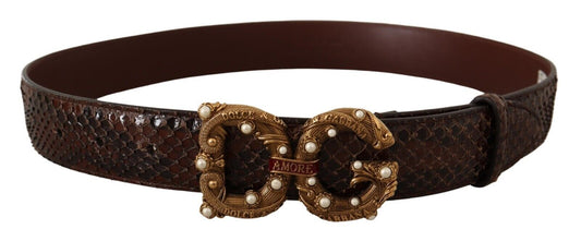 Dolce &amp; Gabbana Elegant Phyton Leather Belt with Pearl Buckle