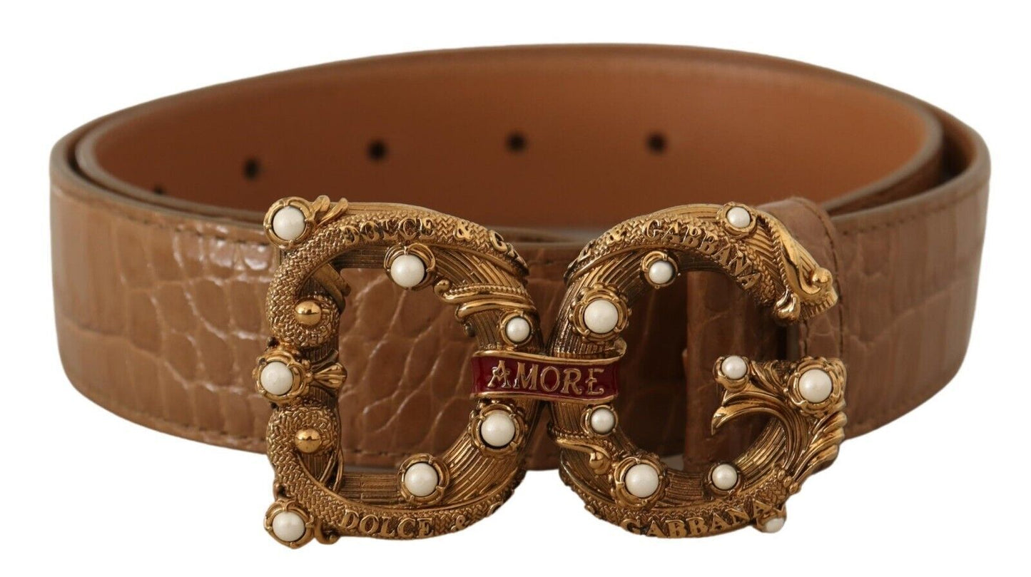 Dolce &amp; Gabbana Elegant Crocodile Leather Amore Belt with Pearls