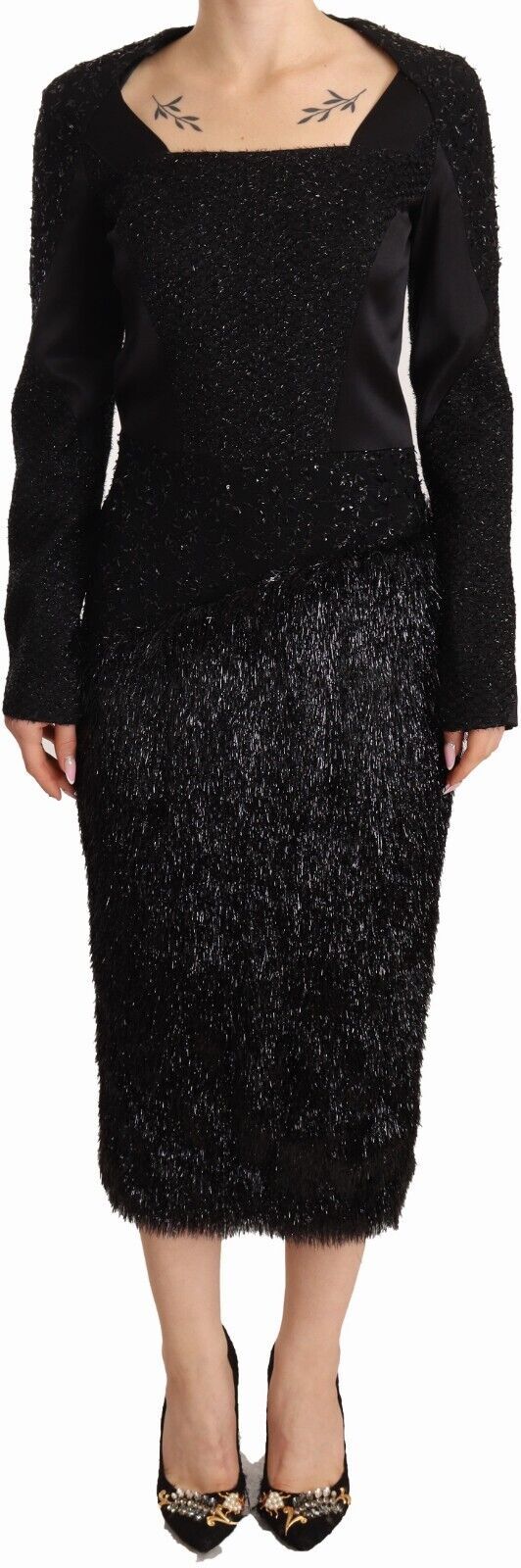 Masha Ma Elegant Black Embellished Midi Dress