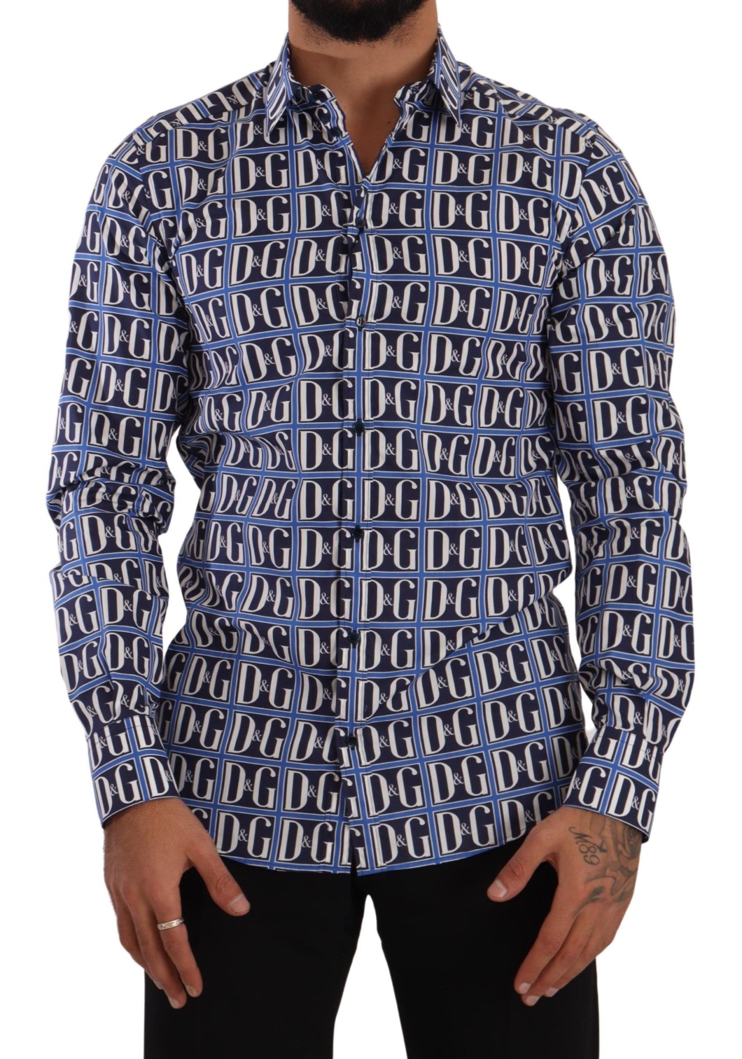 Dolce &amp; Gabbana slim fit blue logo cotton shirt