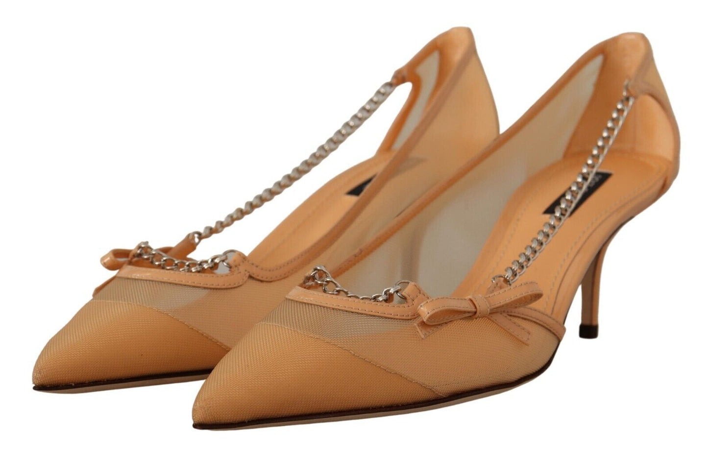 Dolce &amp; Gabbana Elegant Beige Mesh Pumps with Silver Chains