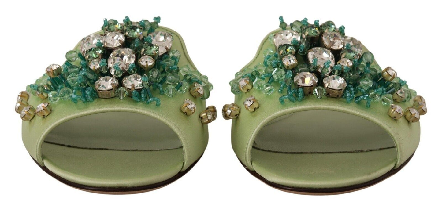 Dolce &amp; Gabbana Elegant crystal-embellished green leather mules