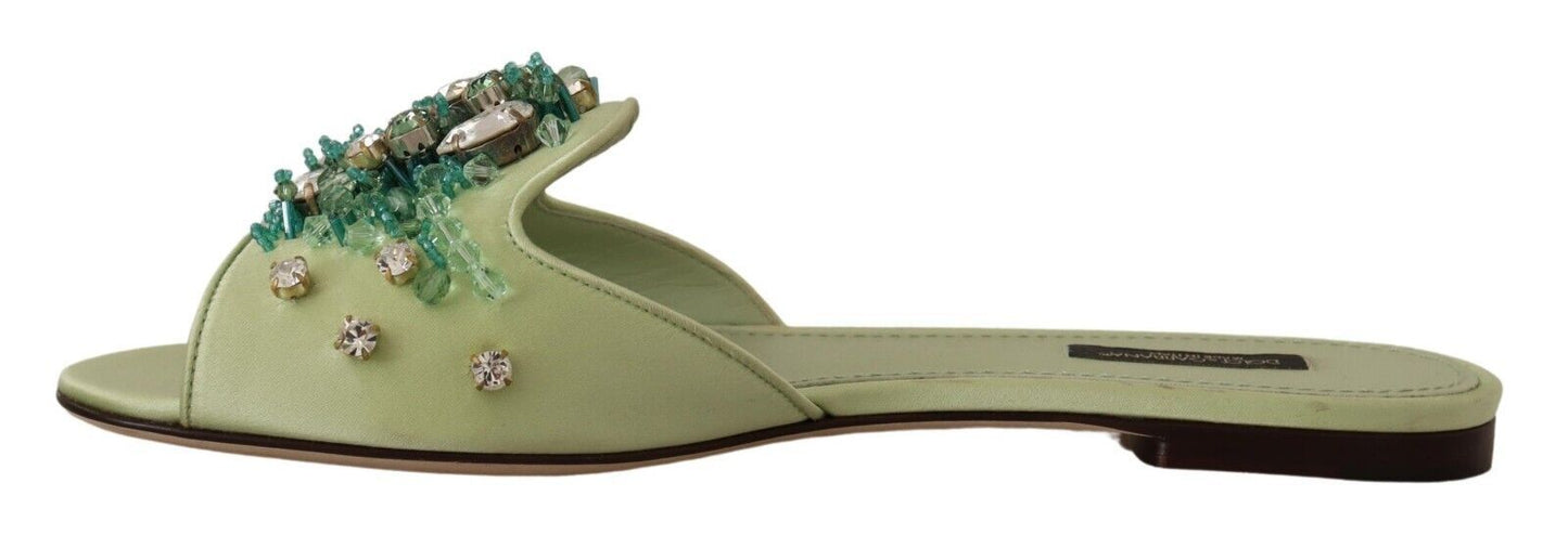 Dolce &amp; Gabbana Elegant crystal-embellished green leather mules