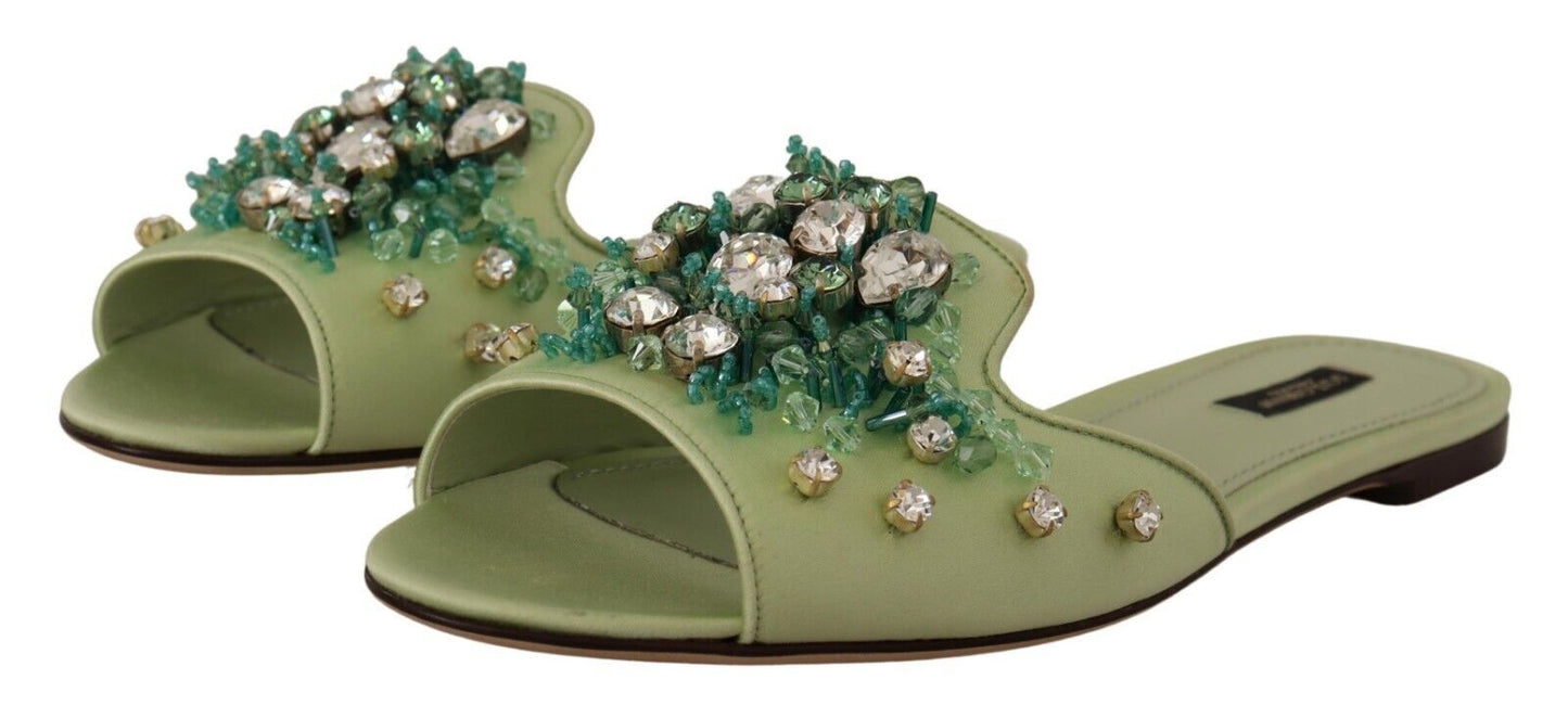 Dolce &amp; Gabbana Elegant crystal-embellished green leather mules