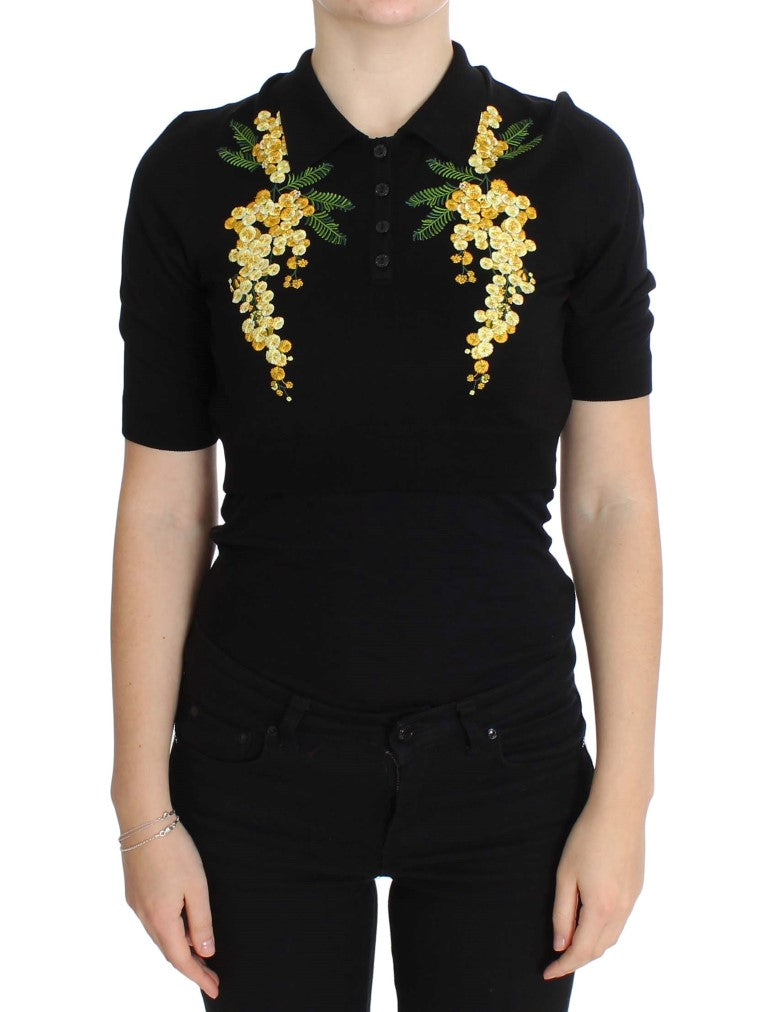 Dolce &amp; Gabbana Elegant black floral silk polo shirt