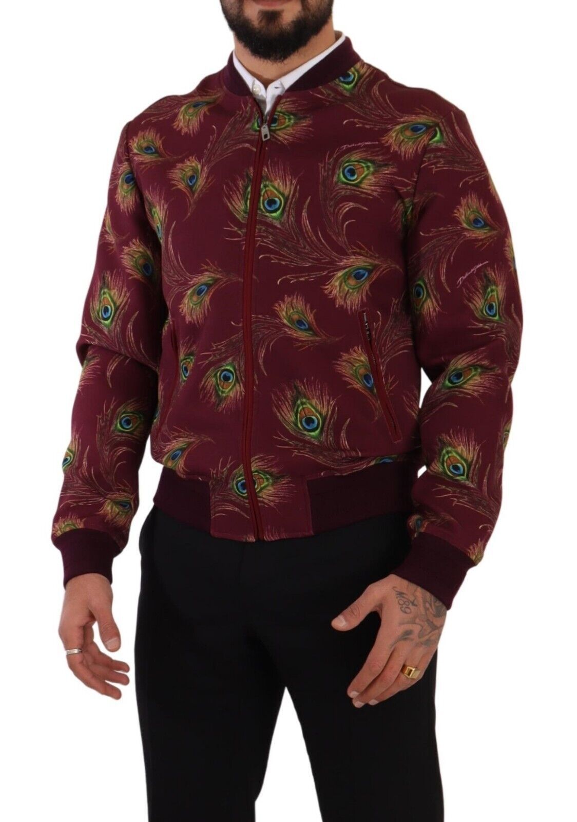 Dolce &amp; Gabbana Bright red peacock print bomber jacket