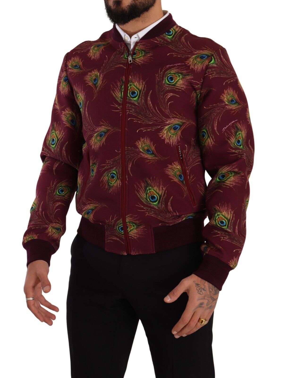 Dolce &amp; Gabbana Bright red peacock print bomber jacket