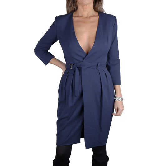 Elisabetta Franchi Elegant Blue Dress with V-Neck and Belt