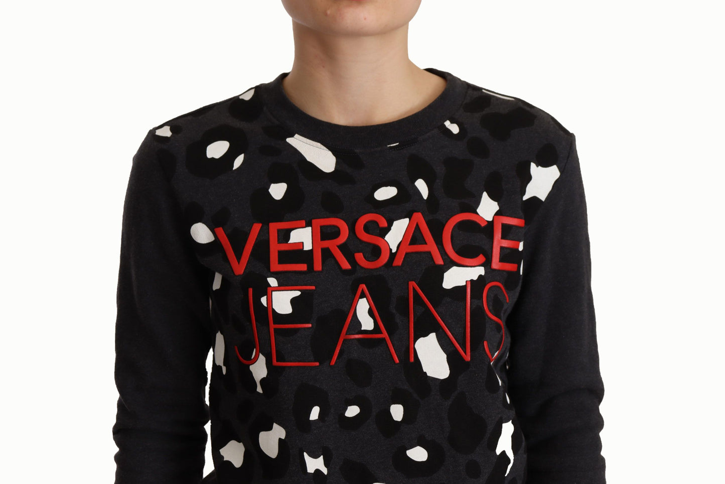 Versace Jeans Chic Black Leopard Crew Neck Sweater