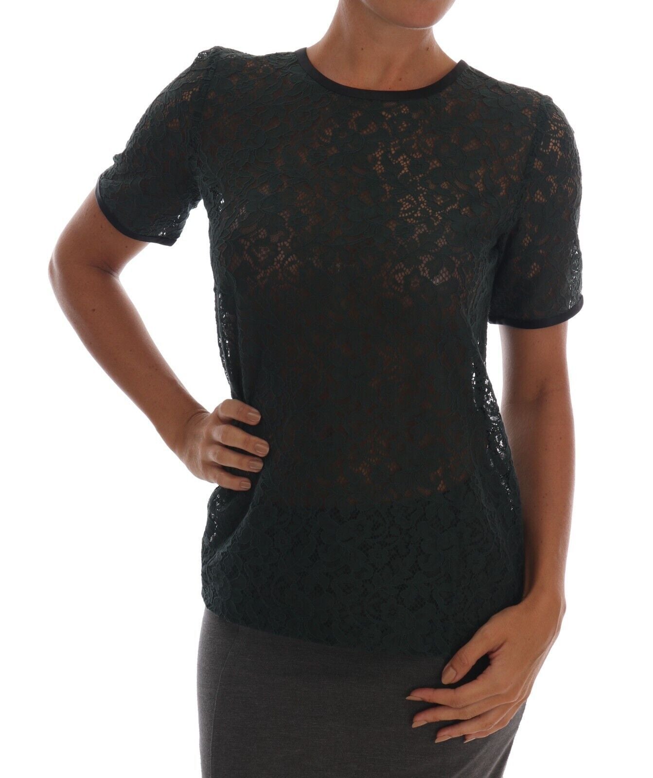 Dolce &amp; Gabbana Dark green floral lace short sleeve blouse