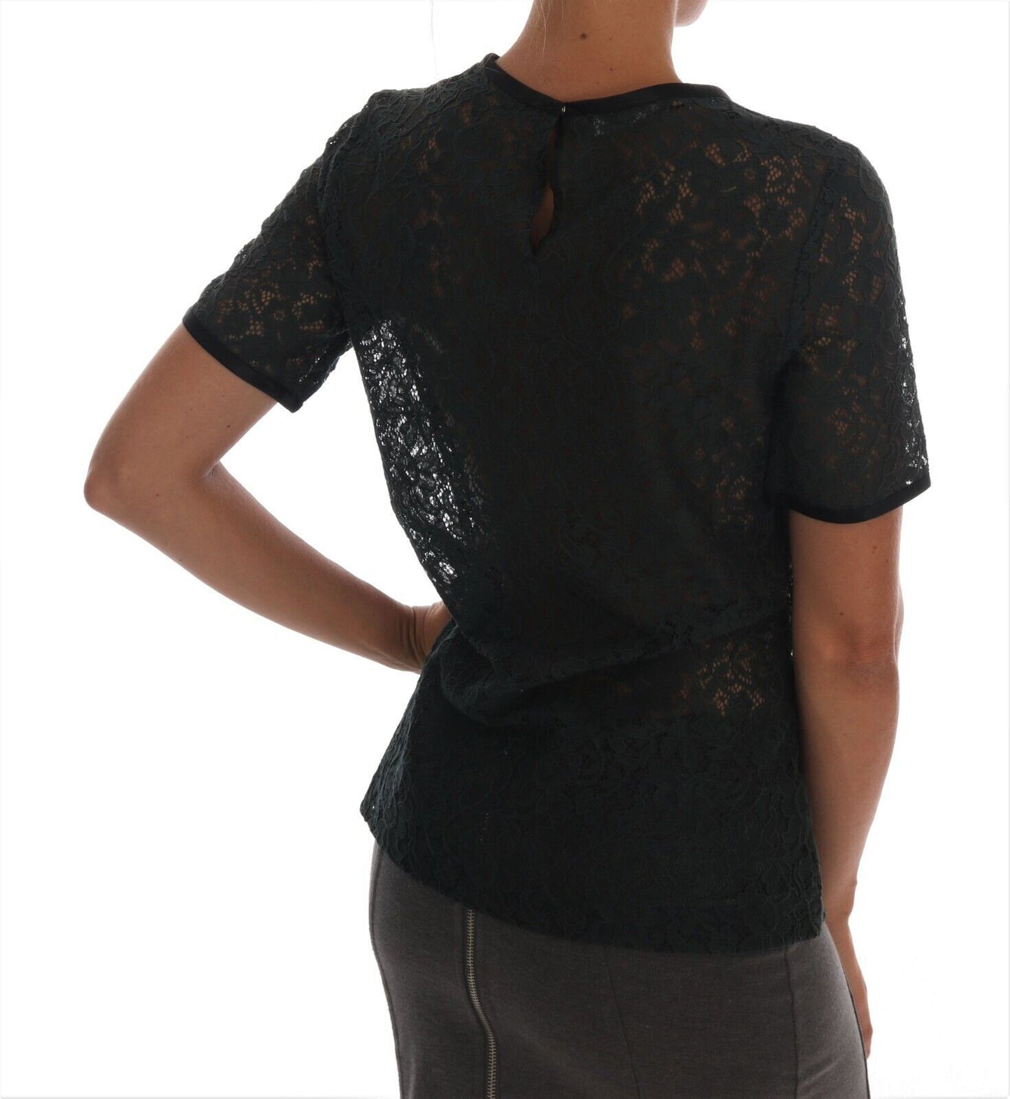 Dolce &amp; Gabbana Dark green floral lace short sleeve blouse