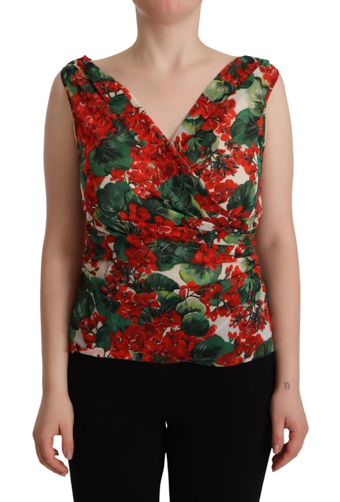 Dolce &amp; Gabbana Elegant V-neck silk tank top with geranium print