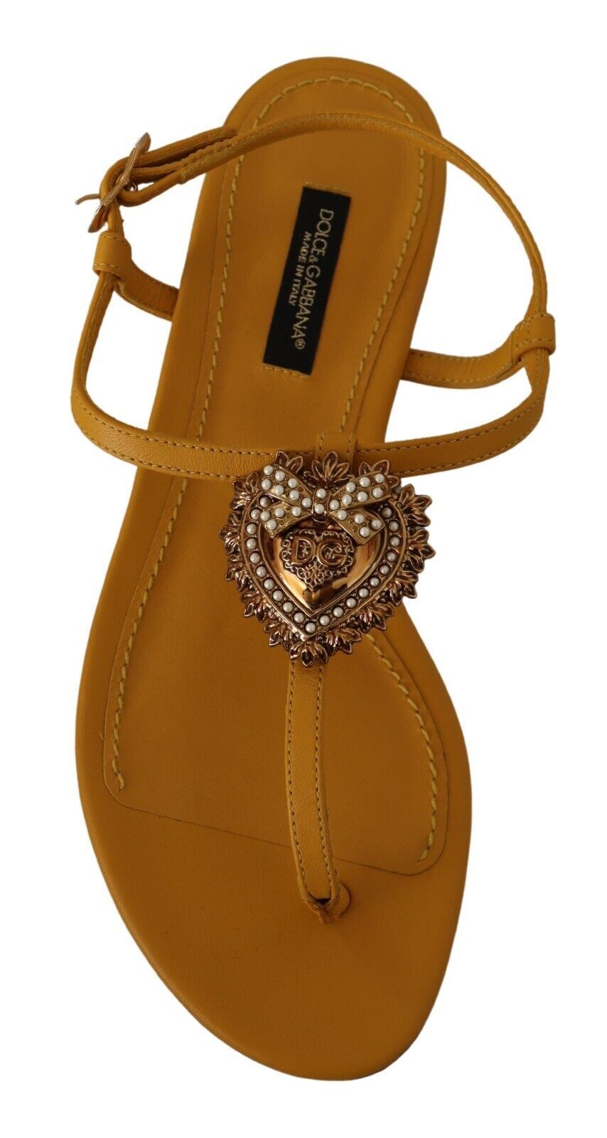 Dolce &amp; Gabbana mustard yellow flat sandals with T-strap and heart embellishment