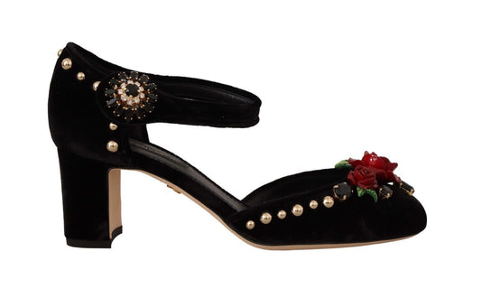 Dolce &amp; Gabbana Black Crystal Rose Heel Sandals