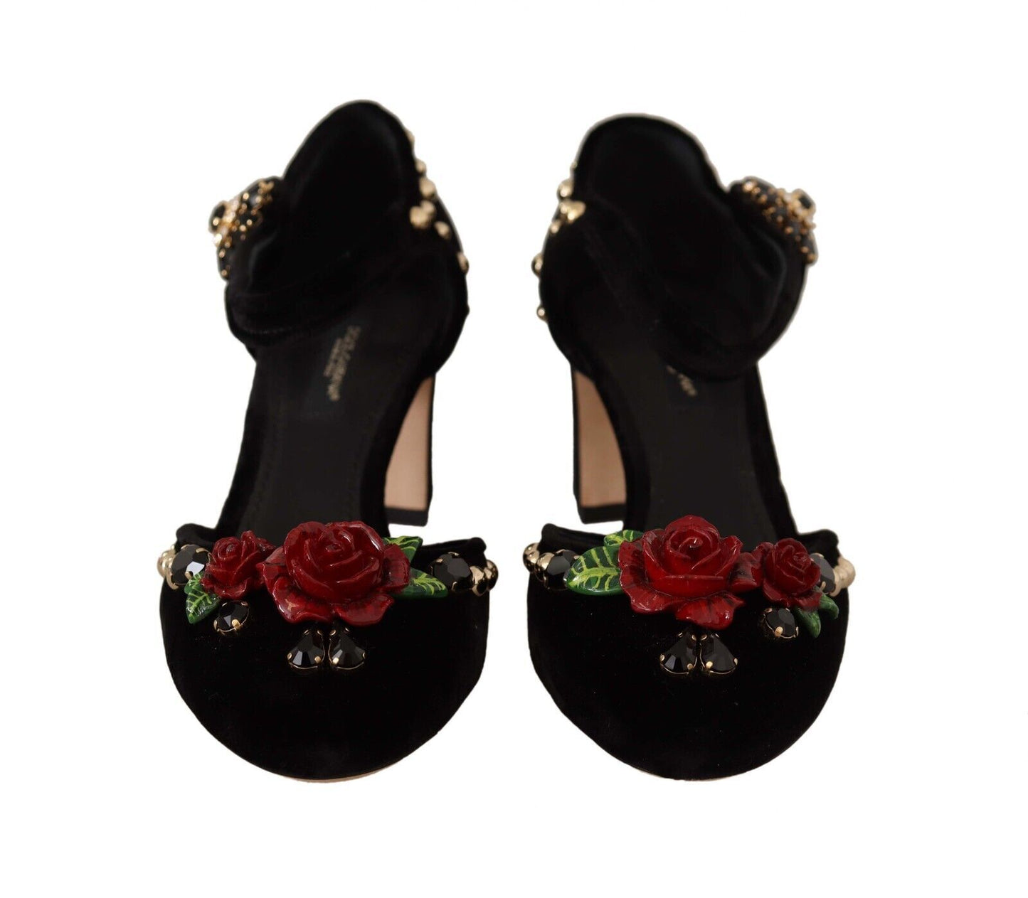 Dolce &amp; Gabbana Black Crystal Rose Heel Sandals