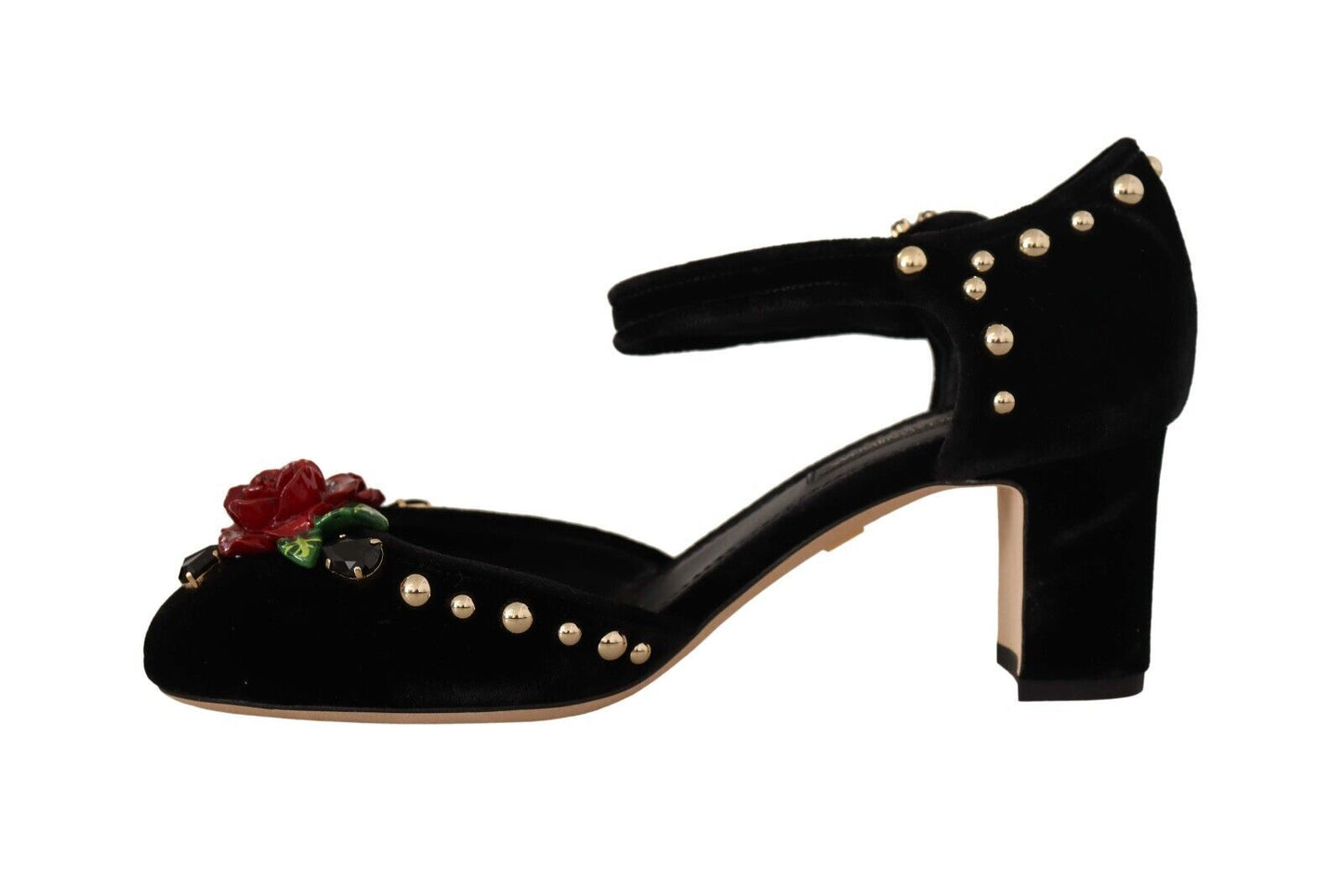 Dolce &amp; Gabbana Black Crystal Rose Heel Sandals