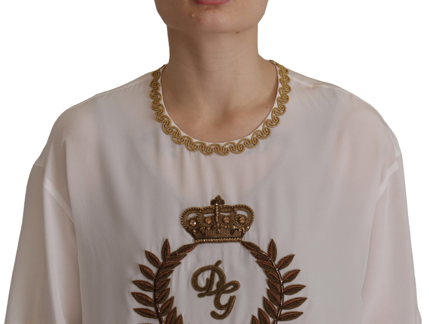 Dolce &amp; Gabbana Elegant silk blouse with gold crown embroidery