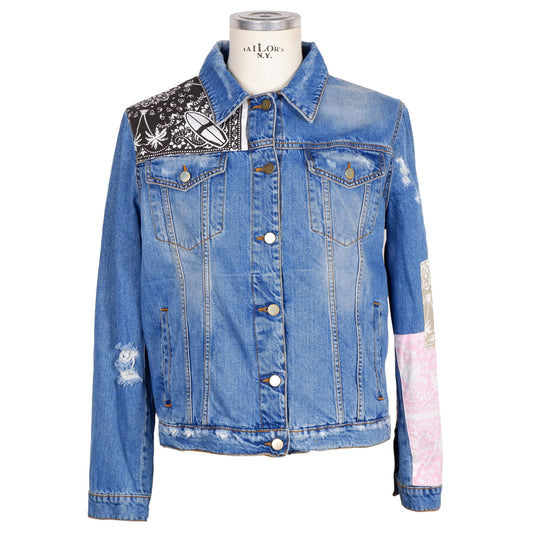 Comme Des Fuckdown Abstract Printed Denim Jacket with Distressed Detail