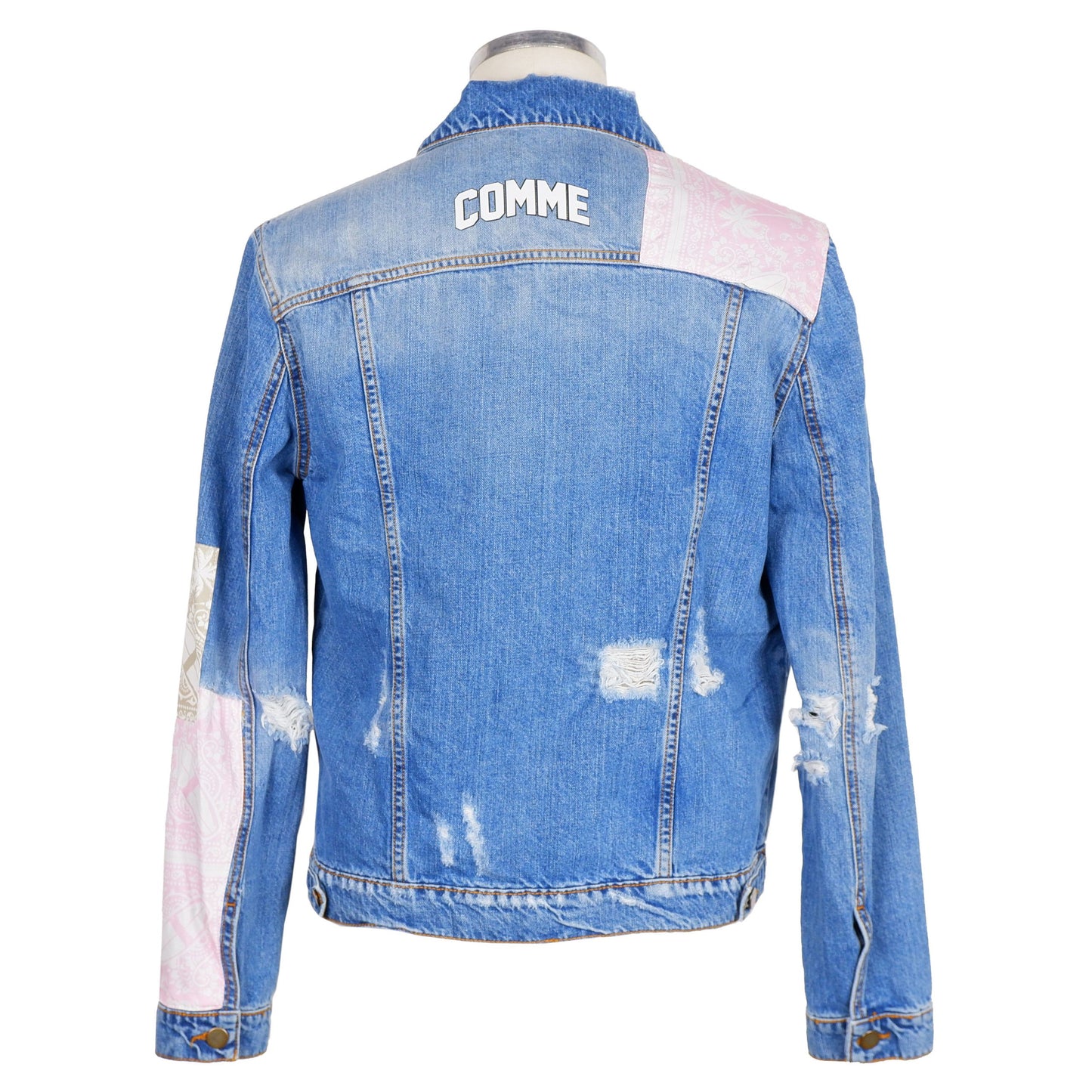 Comme Des Fuckdown Abstract Printed Denim Jacket with Distressed Detail