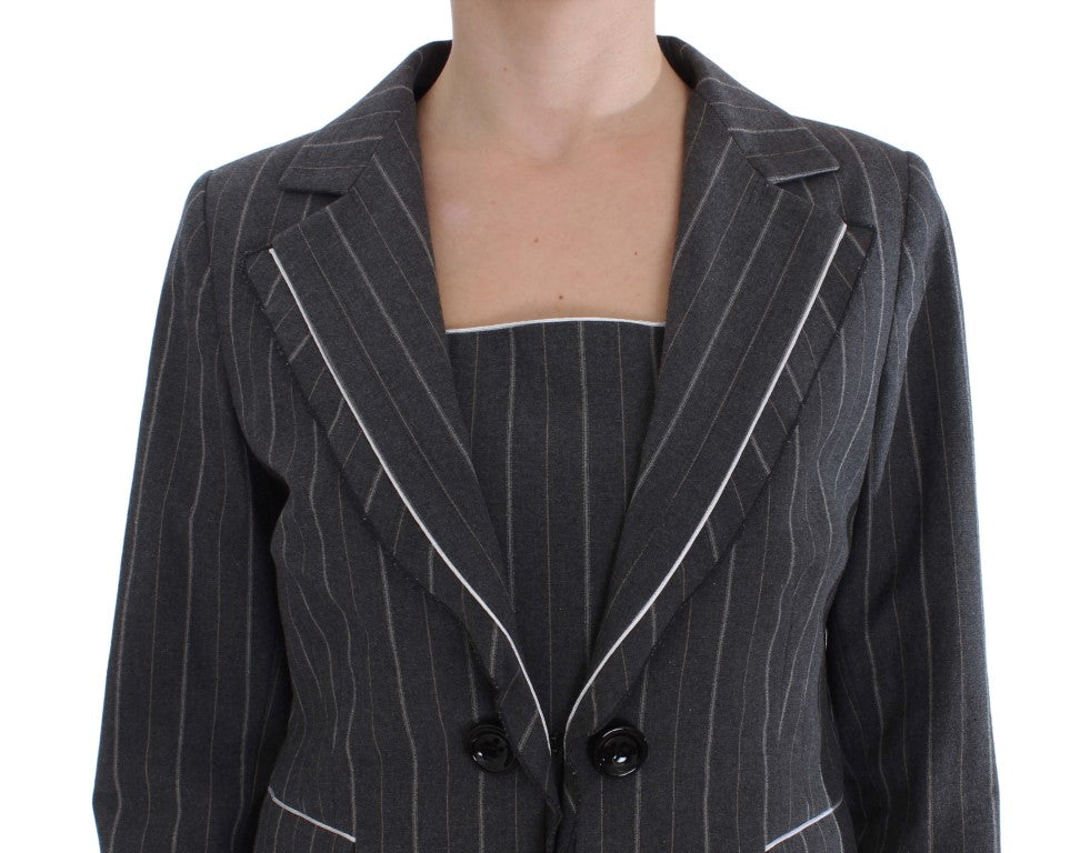 BENCIVENGA Elegant Gray Striped Dress &amp; Blazer Suit Set